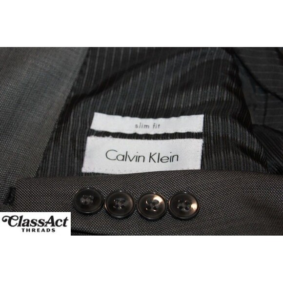 Calvin Klein Slim Fit 2 Piece Suit Mens Gray 2 Button Wool 48R Flat Fronts 40" W - Picture 11 of 12